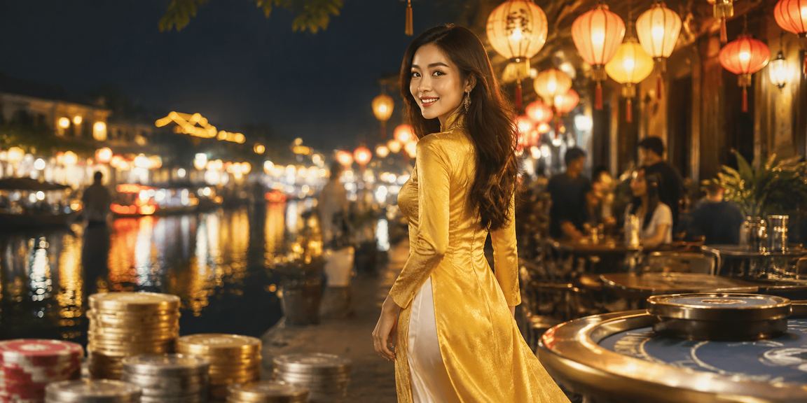 Người mặc áo dài đặt cược thể thao qua điện thoại tại Hội An