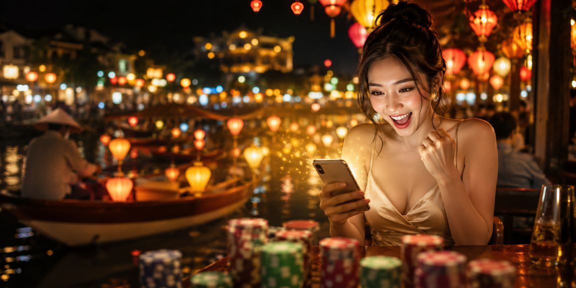 Người chơi sử dụng ứng dụng casino di động tại chợ đêm Huế